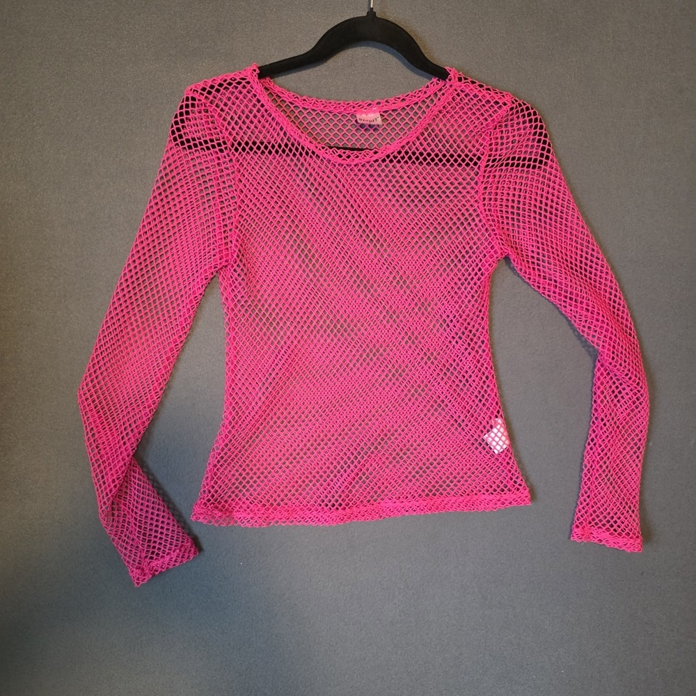 Spirit Halloween Hot Pink Fishnet Long Sleeve Shirt Sz S Punk Rock Mesh Costume